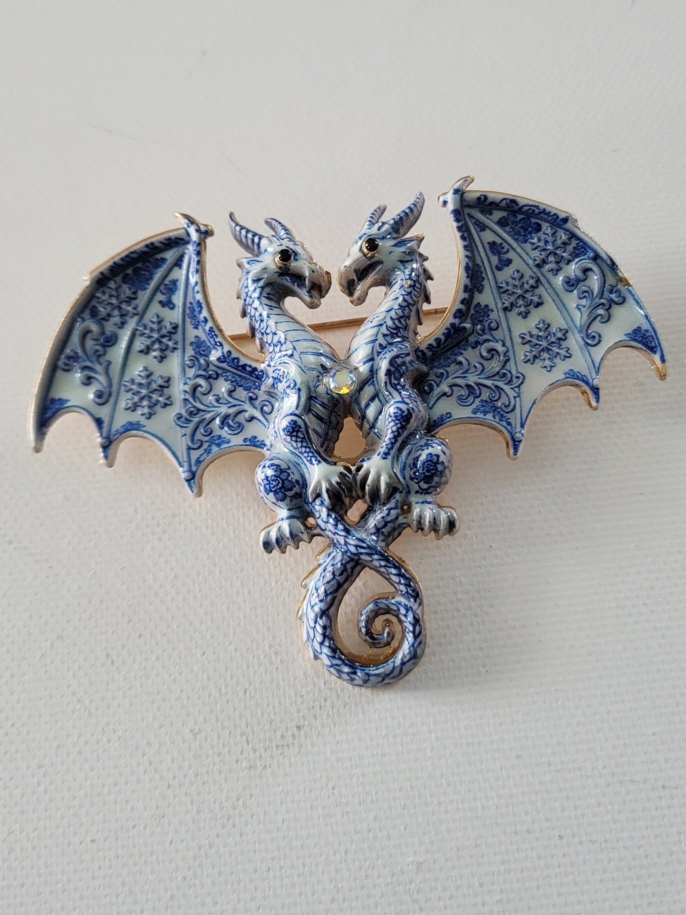 Beautiful Blue Porcelain-Style Double Dragon Brooch